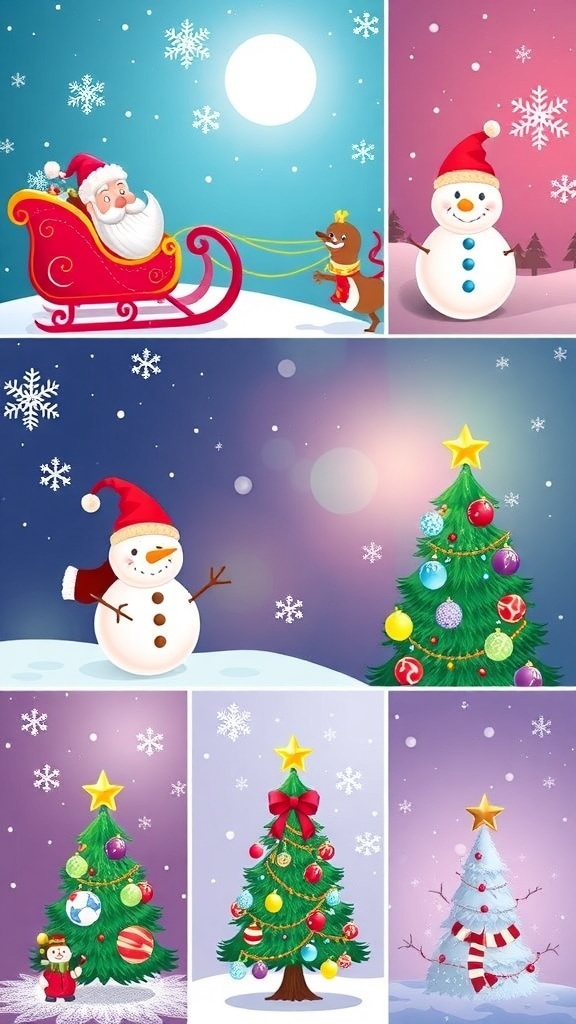 Cute Christmas wallpapers featuring Santa, snowmen, and Christmas trees with festive decorations.